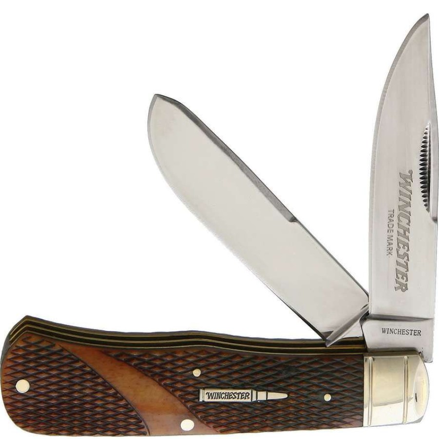 Knives * | Special Wn29104C Winchester Trapper Pocket Knife With Brown Checkered Bone